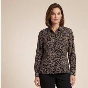 Sag Harbor Women's 8 Black Brown Abstract Floral Blouse Button Front Long Sleeve
